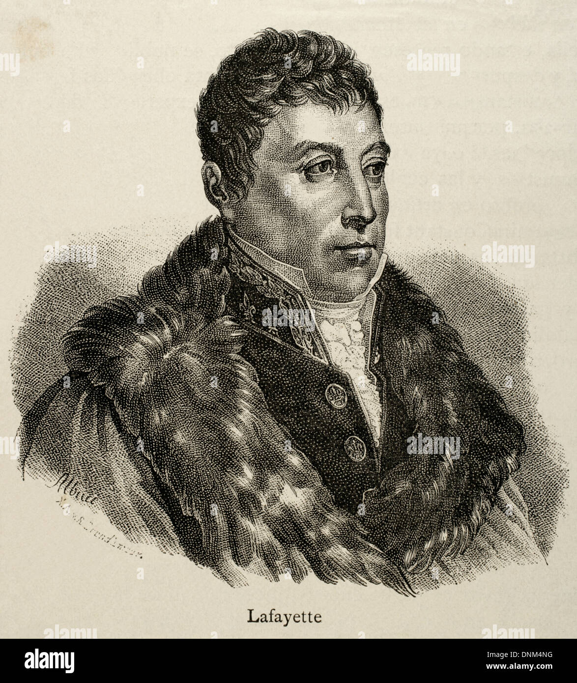 Il marchese di La Fayette (1757-1834). Il francese militare e politico. Incisione. Storia della Francia, 1883. Foto Stock