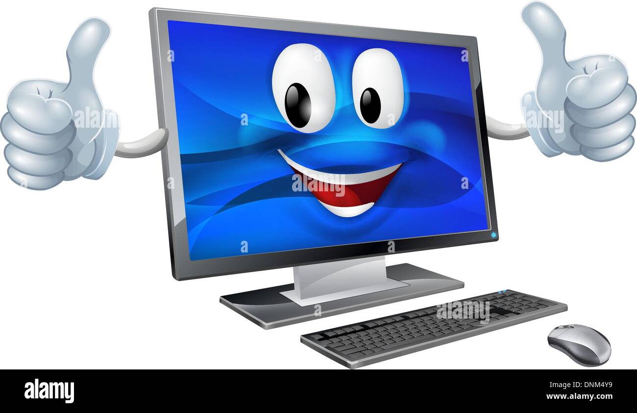 Un simpatico cartoon felice computer carattere mascotte sorridente e facendo un pollice in alto Illustrazione Vettoriale