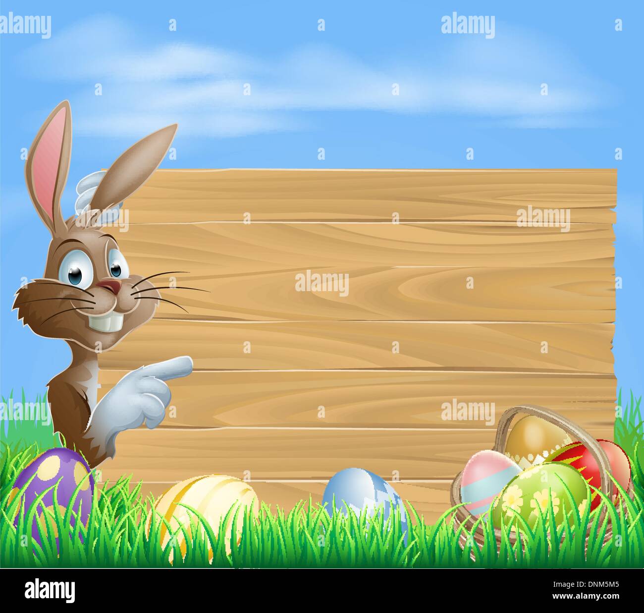 Coniglietto di pasqua con le uova di Pasqua e blank cartello in legno per il testo Illustrazione Vettoriale