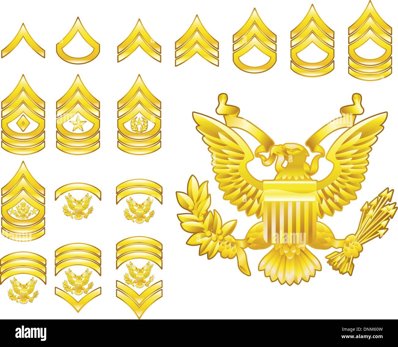 Set di militari dell esercito americano arruolato rank insignia icone Illustrazione Vettoriale