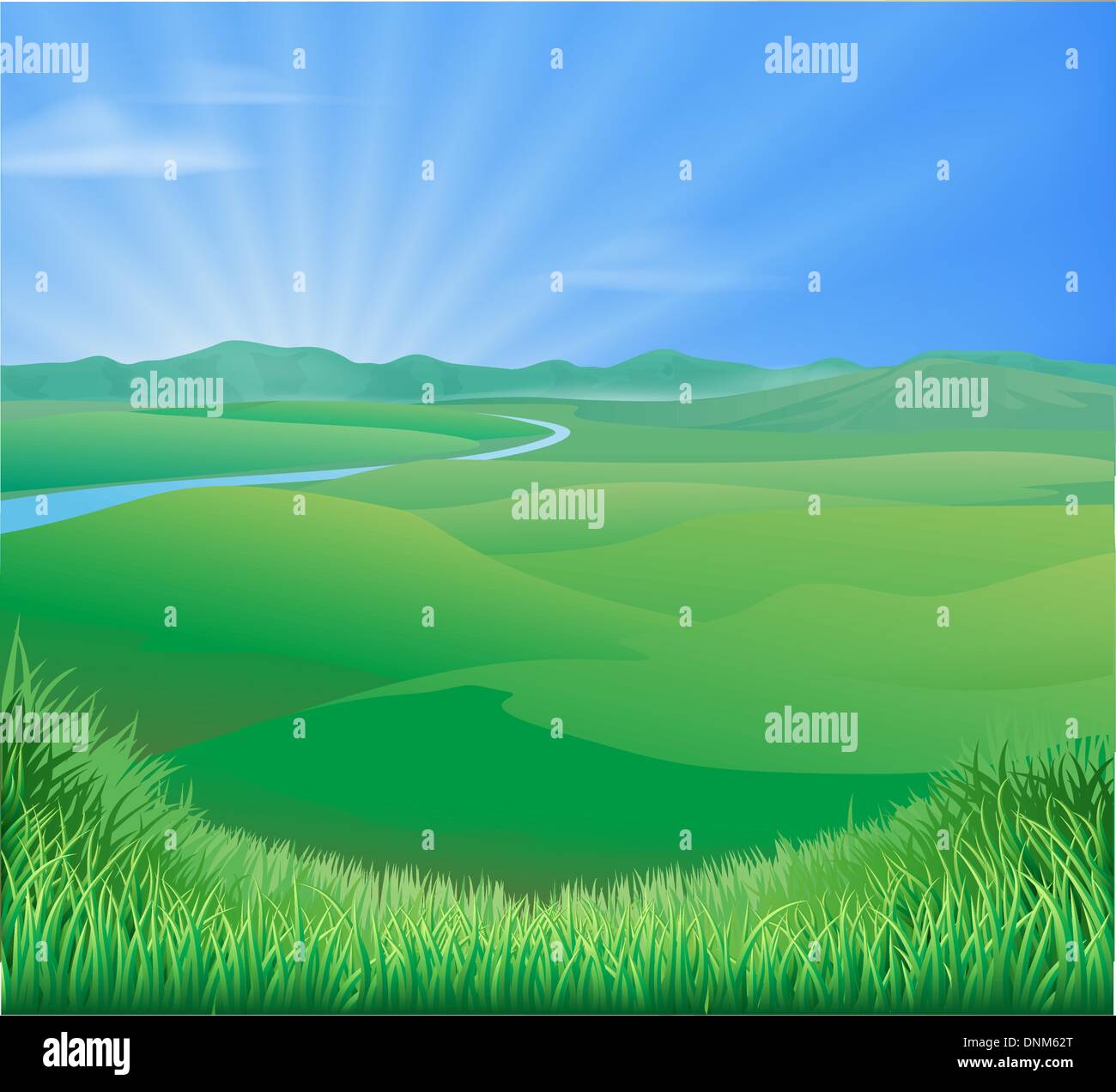 Un idilliaco paesaggio rurale illustrazione con laminazione erba verde delle colline e un sole che sorge sulle montagne Illustrazione Vettoriale