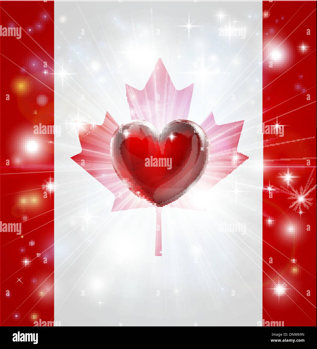 Bandiera del Canada patriottica con sfondo o pirotecnici raffica di luce e di amore nel cuore del centro Illustrazione Vettoriale