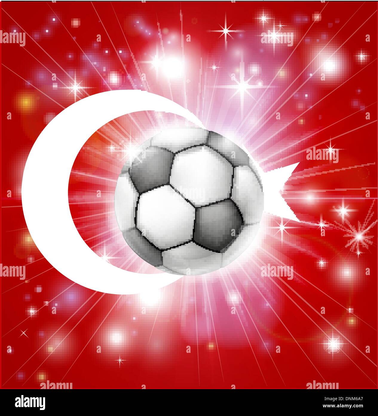 Bandiera della Turchia soccer sfondo con articoli pirotecnici o burst di luce e di calcio palla al centro Illustrazione Vettoriale