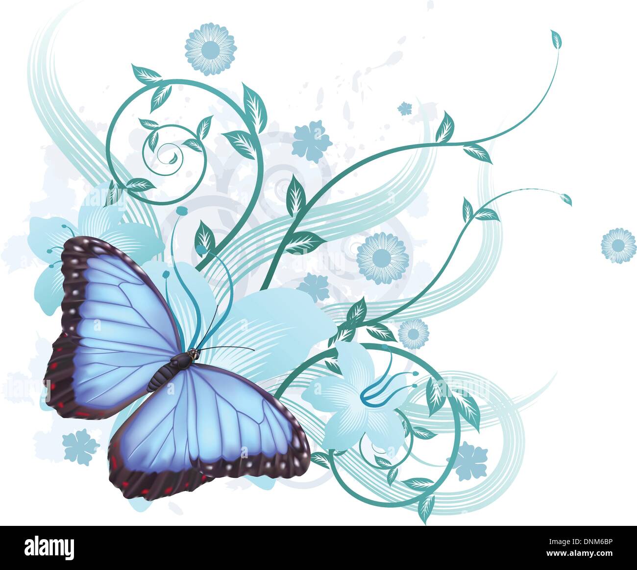 Bellissimo sfondo floreale con fiori di ibisco e blue Morpho Peleides butterfly Illustrazione Vettoriale