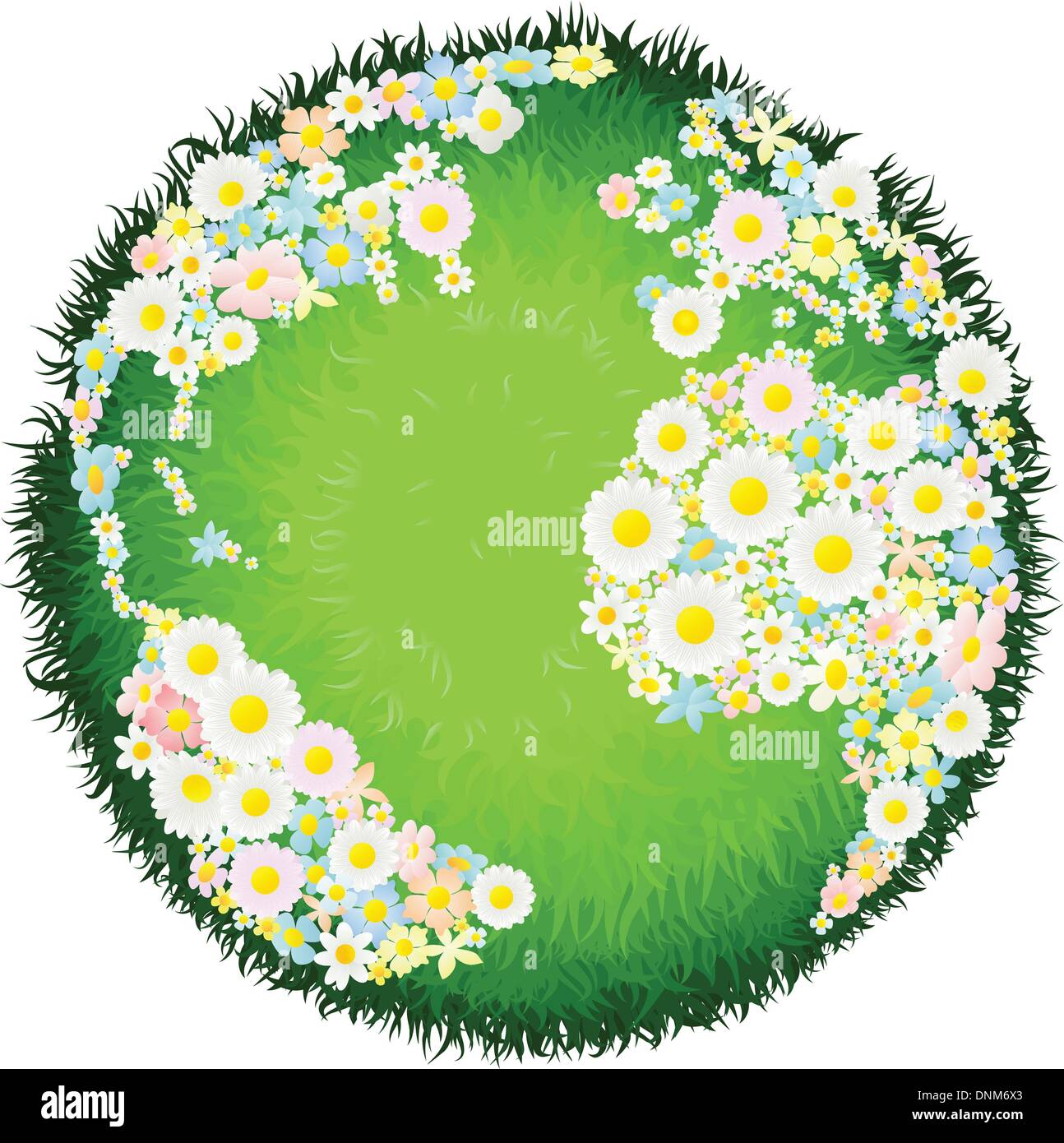 Un mondo globo terrestre con continenti fatto di fiori e mari come l'erba. Concetto per questioni ambientali o la pace. Illustrazione Vettoriale