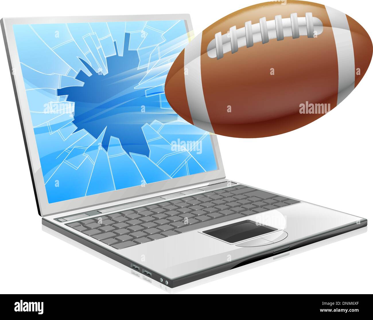 Illustrazione di un pallone da calcio palla voli al di fuori di un rotto lo schermo del computer portatile Illustrazione Vettoriale