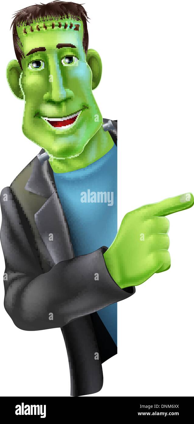 Una illustrazione di un simpatico cartoon Halloween mostro di Frankenstein personaggio fa capolino fuori dal round di un banner e puntamento Illustrazione Vettoriale