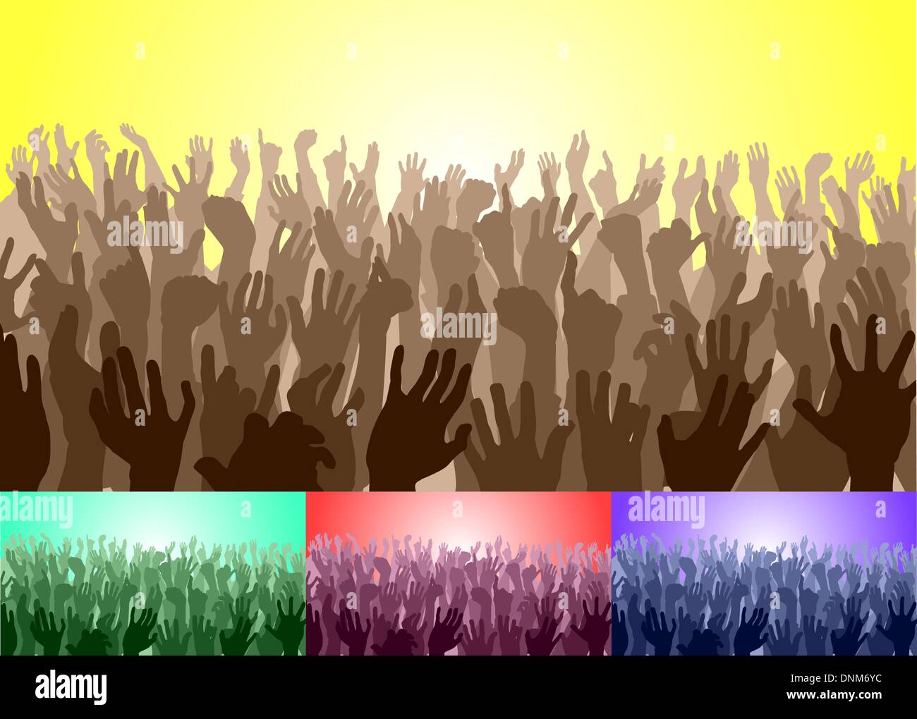 Una folla di persone con le loro mani in alto. File vettoriale include diverse versioni di colore Illustrazione Vettoriale