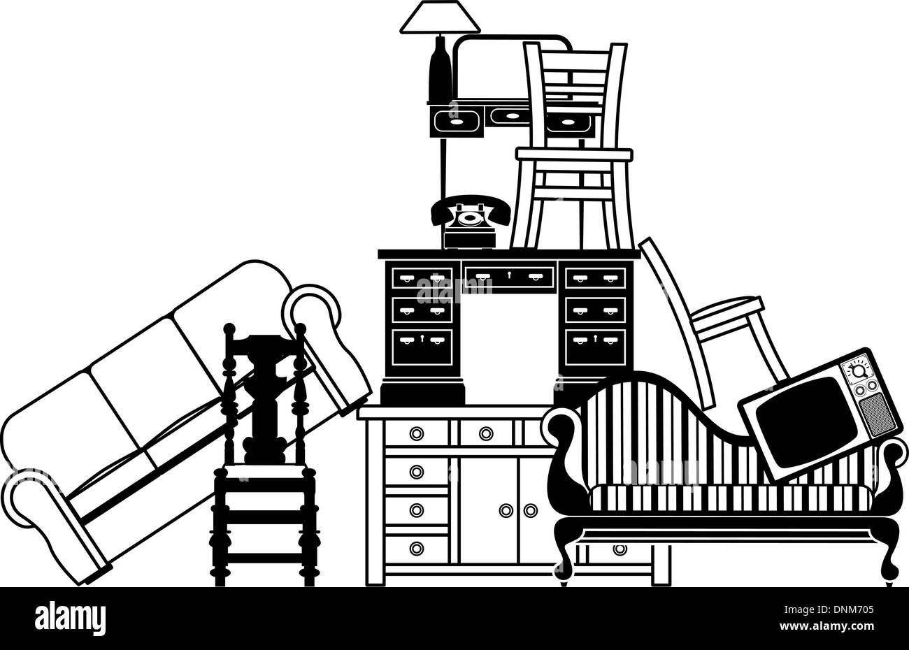 Illustrazione di un mucchio di mobili. Potrebbe essere utilizzato per la casa di assicurazione relative o casa di gioco in movimento e a casa. Illustrazione Vettoriale
