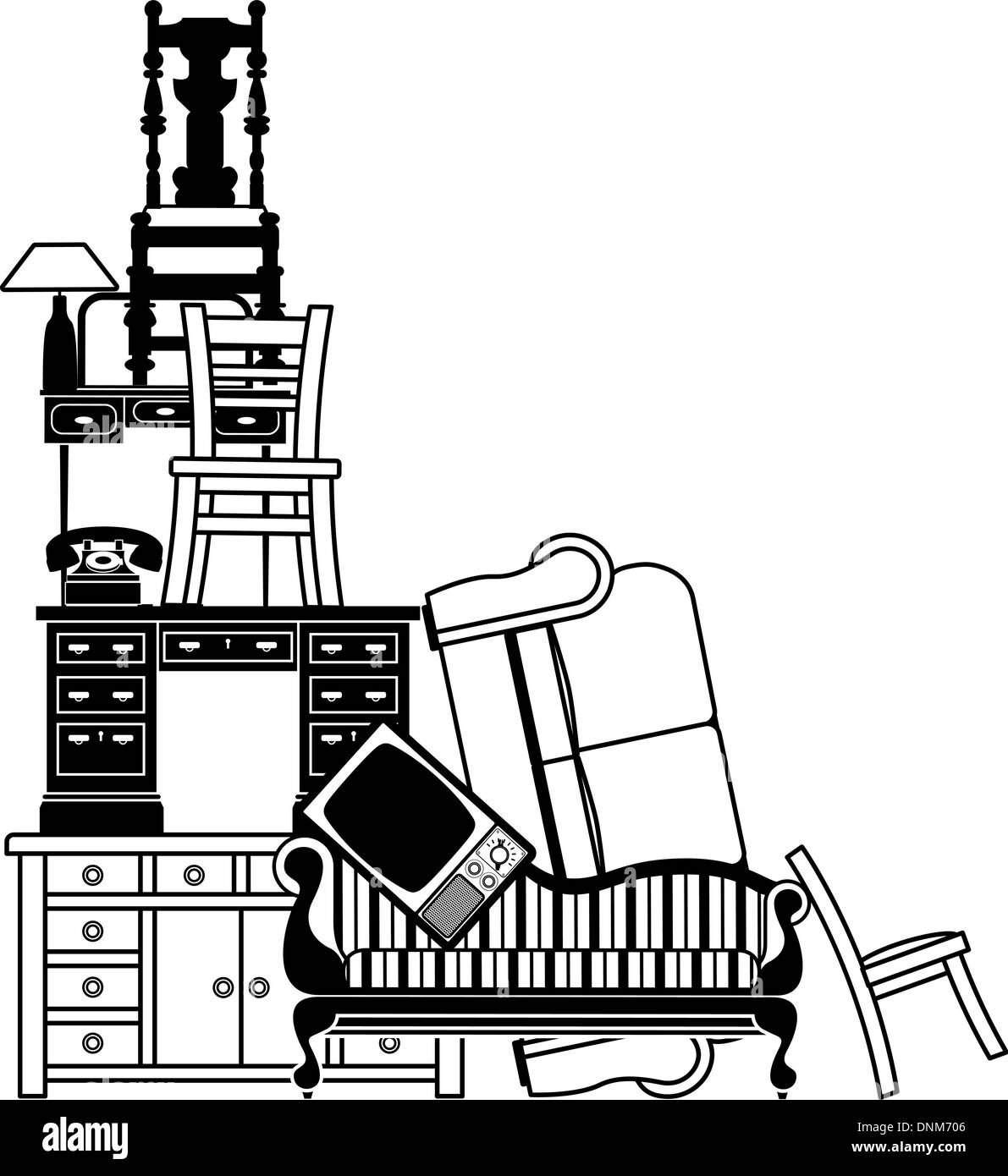 Una illustrazione di una pila di mobili e di altri prodotti per uso domestico. Potrebbe essere utilizzato per alloggiare il gioco o lo spostamento di temi o casa in Illustrazione Vettoriale