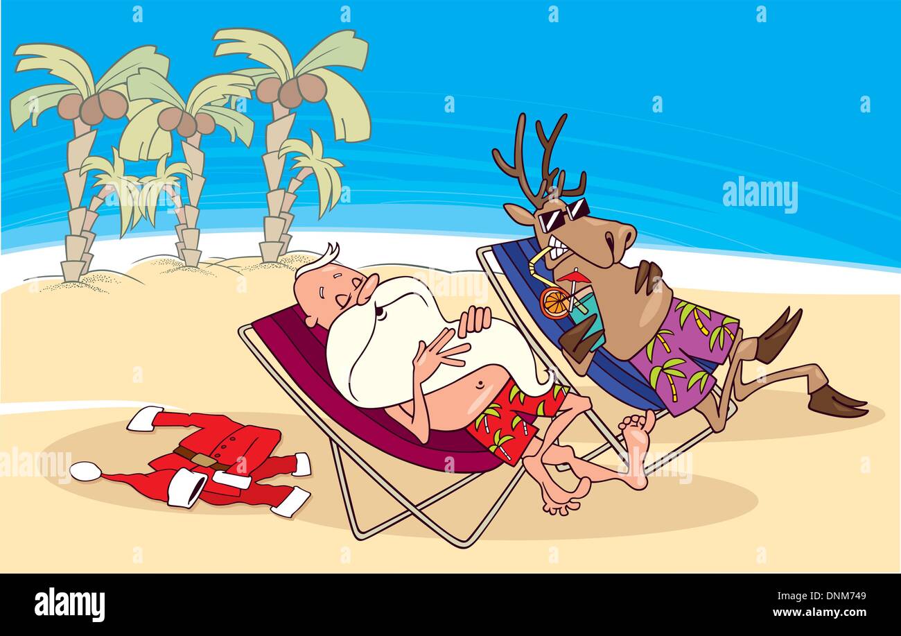 Cartoon illustrazione della santa e renne avente un riposo in spiaggia Illustrazione Vettoriale