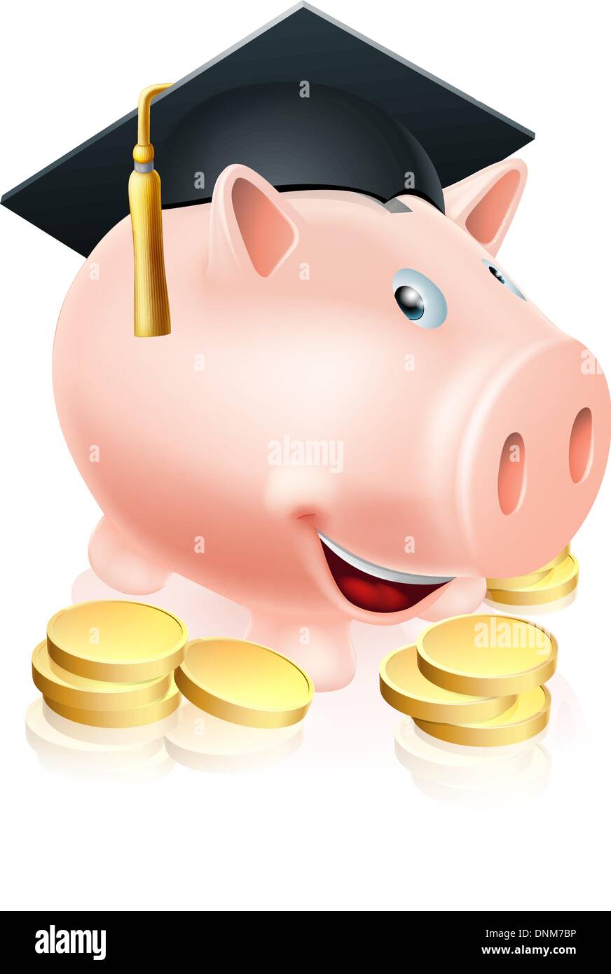 Cartoon istruzione salvadanaio con mortaio graduazione della scheda sul cappello e monete d'oro. Concetto per risparmiare soldi per una educazione o sc Illustrazione Vettoriale