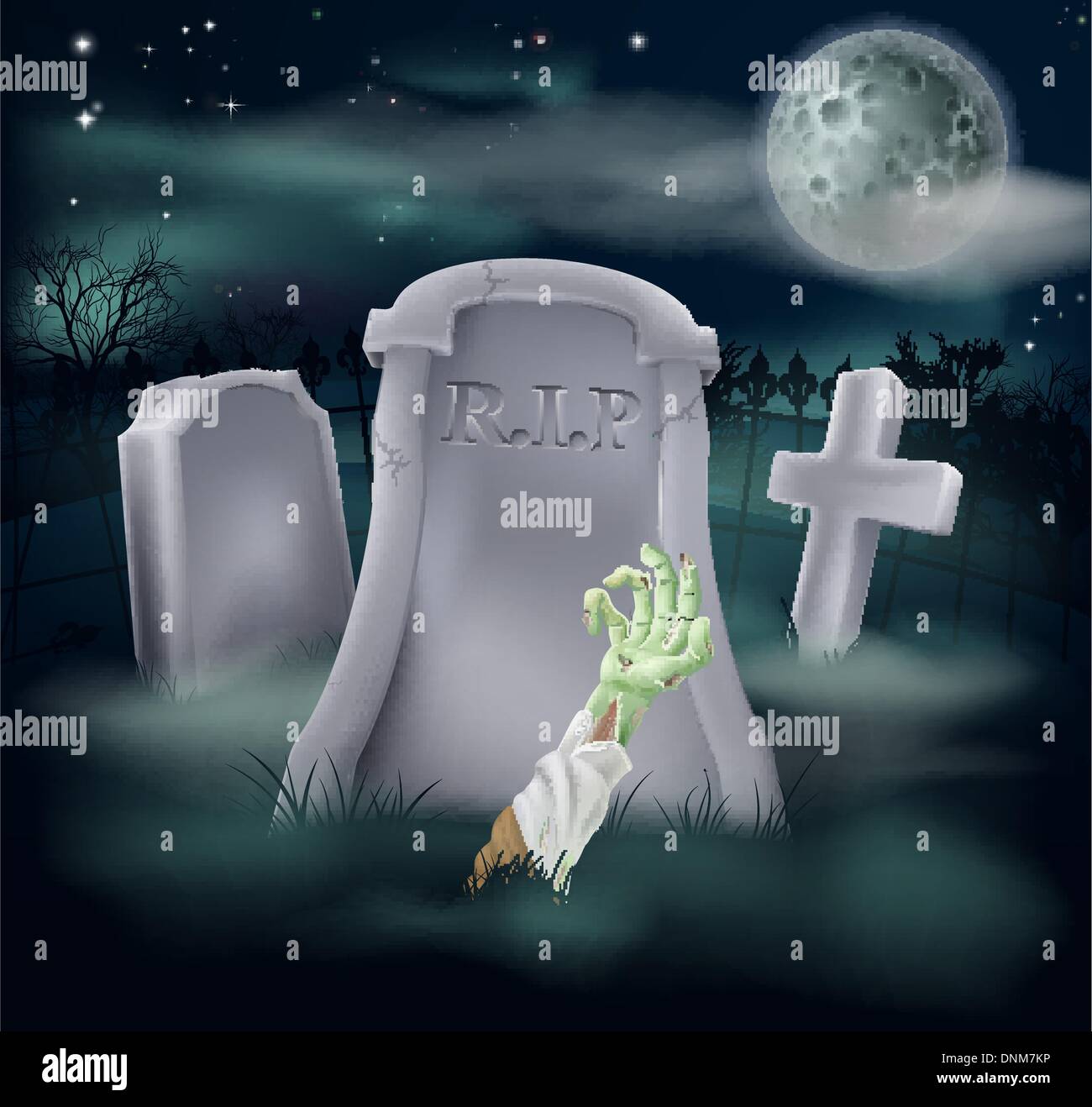 Orrore illustrazione di un undead zombie della mano e del braccio di raggiungere al di fuori di un spooky grave Illustrazione Vettoriale