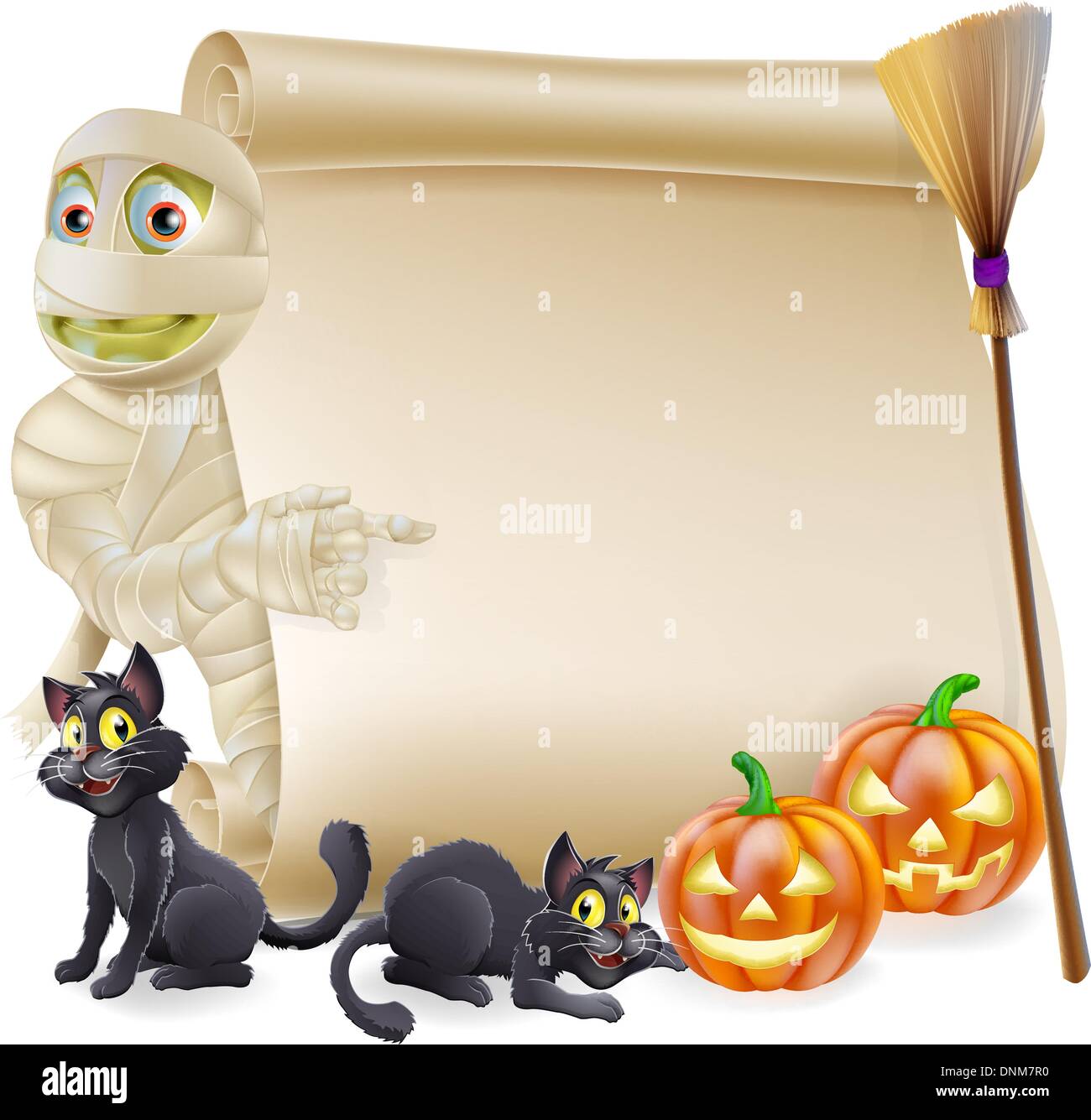 Halloween scorrere o segno di banner con orange scolpite zucche di Halloween e il nero della strega, gatti della strega bastone di scopa e cartoon mu Illustrazione Vettoriale