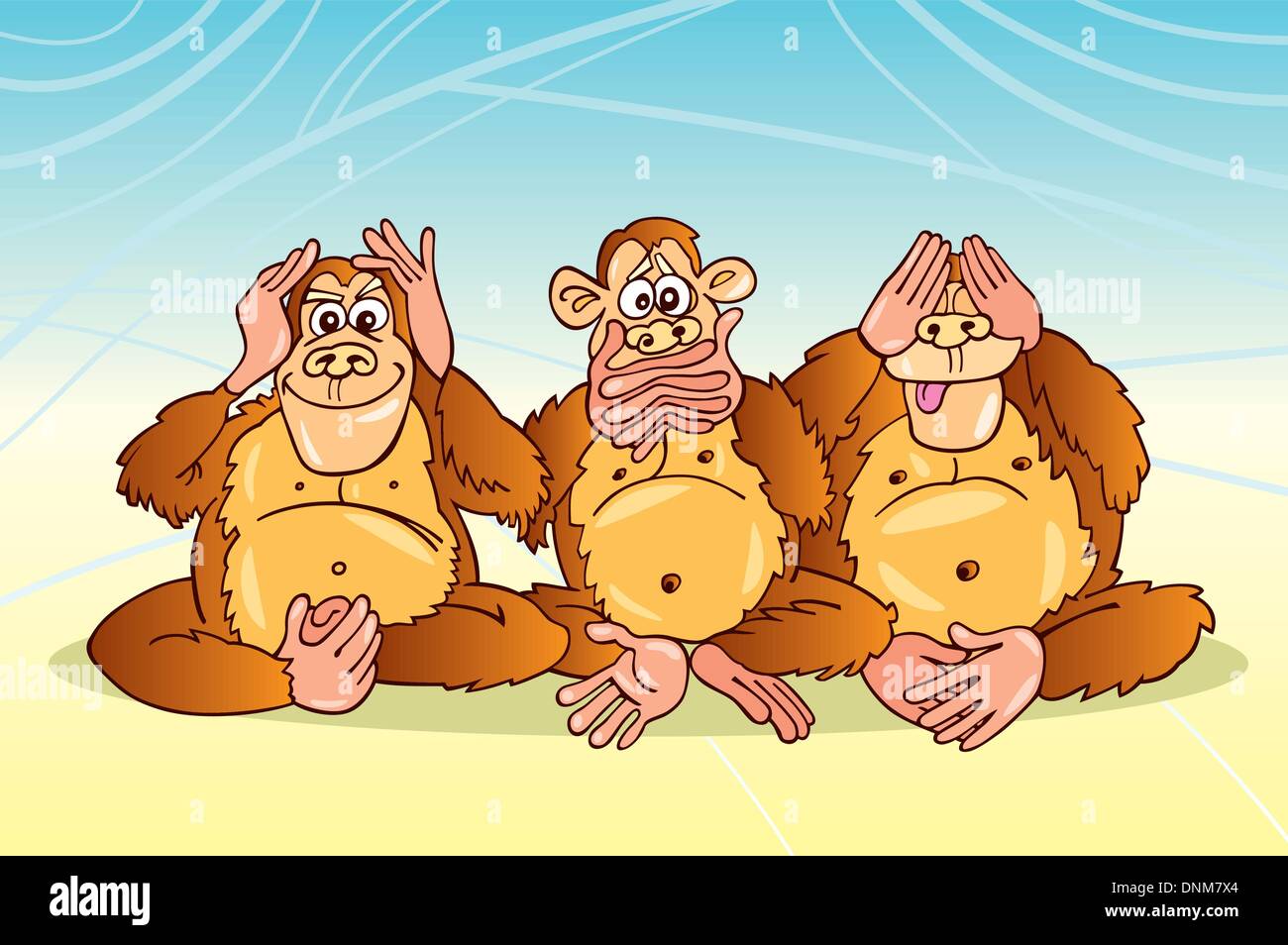 Cartoon illustrazione delle tre scimmie di seduta Illustrazione Vettoriale