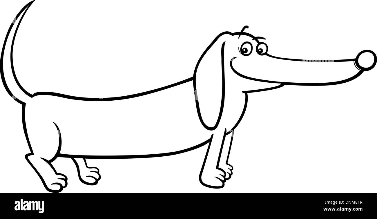 Bianco e Nero Cartoon illustrazione di carino di razza cane bassotto per libro da colorare Illustrazione Vettoriale