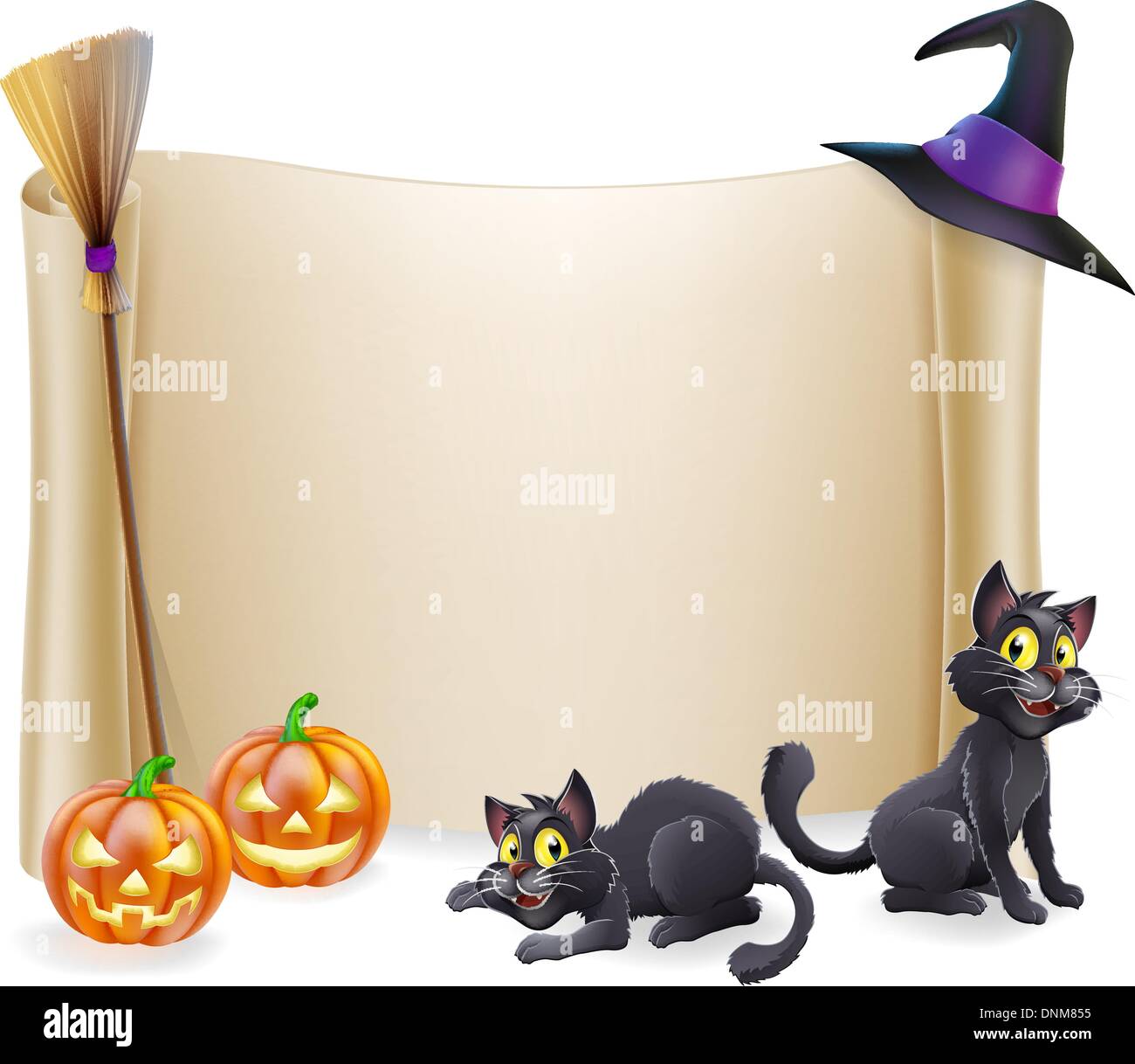 Sfondo di Halloween segno di scorrimento con witch hat, scopa, intagliati zucche arancione e della strega gatti neri Illustrazione Vettoriale