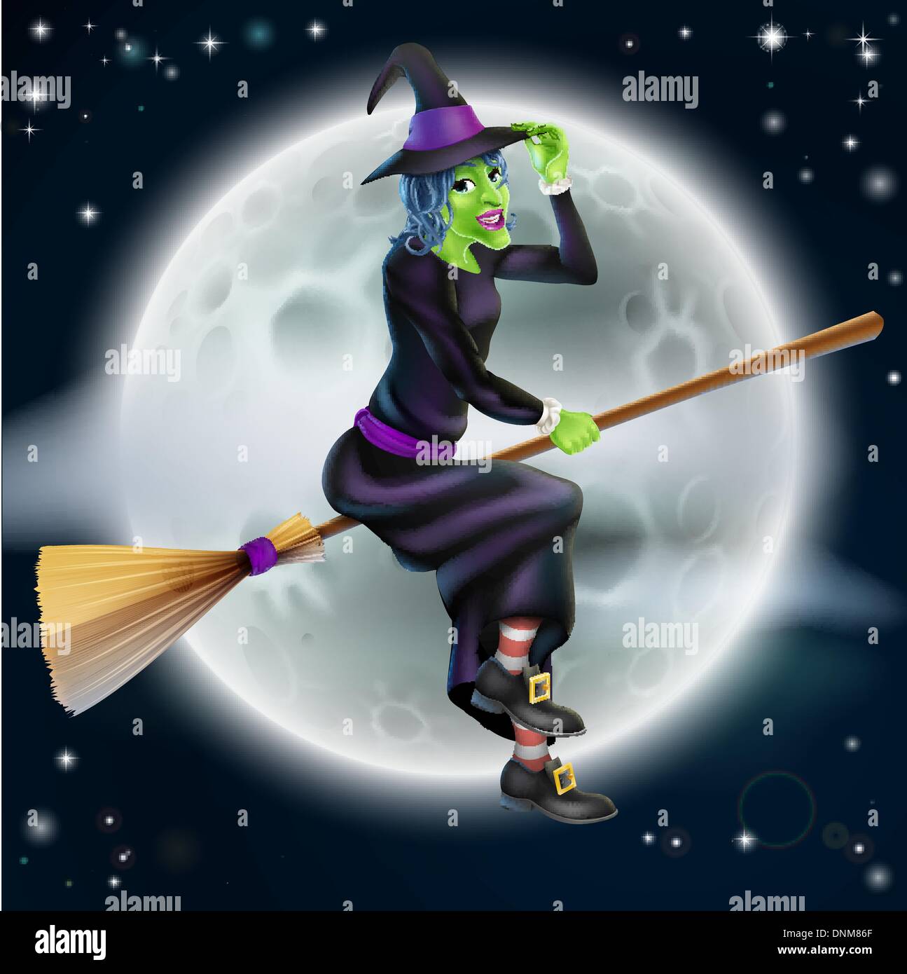 Un cartoon Halloween carattere strega battenti di fronte a una grossa luna piena Illustrazione Vettoriale