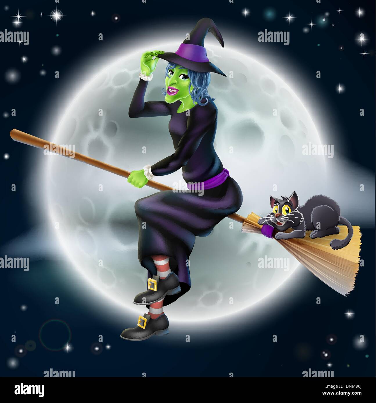 Un felice cartoon Halloween strega battenti sul suo bastone di scopa con il suo gatto nero e una luna piena in background Illustrazione Vettoriale