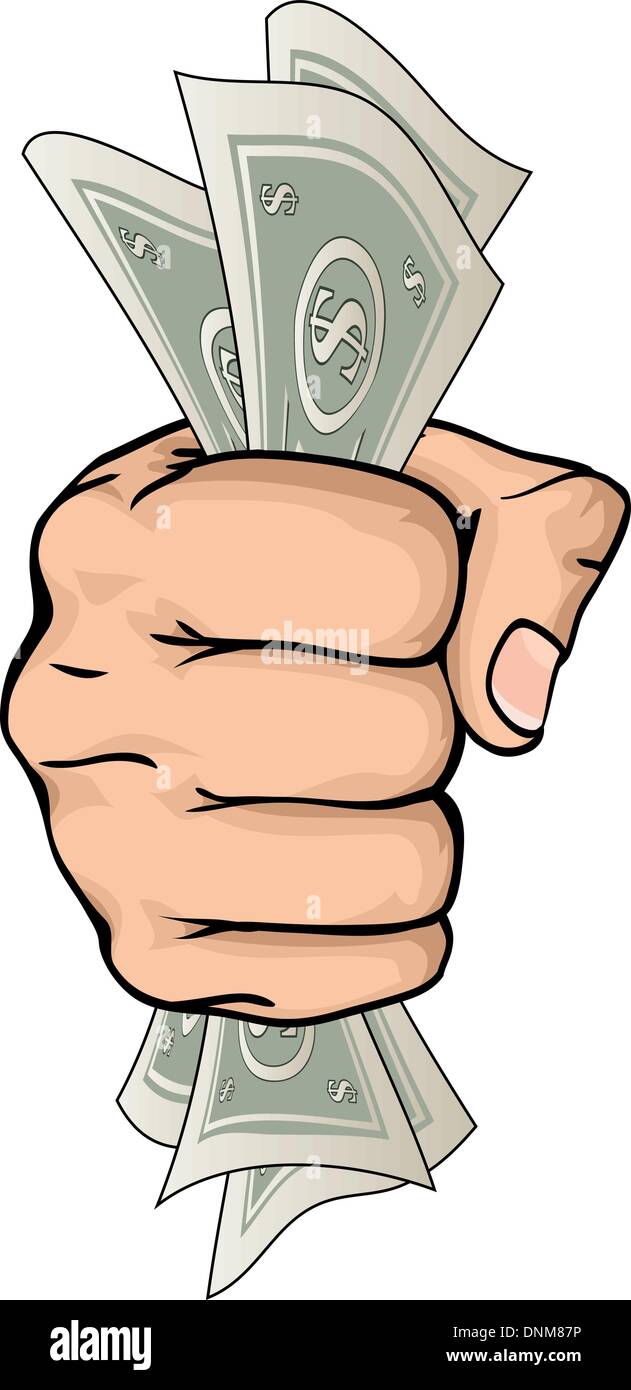 Il disegno di una mano che tiene la carta moneta denaro con segni di dollaro Illustrazione Vettoriale