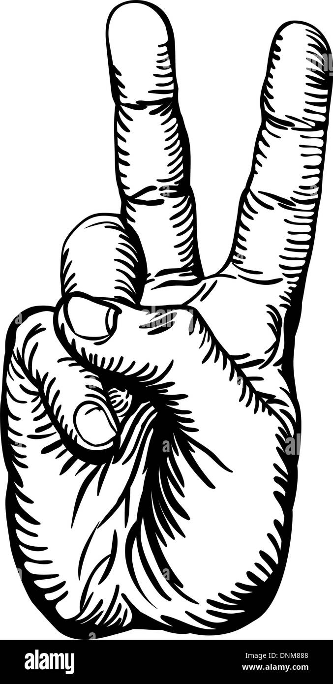 Un bianco e nero illustrazione della mano umana dando la vittoria salutare o segno di pace Illustrazione Vettoriale