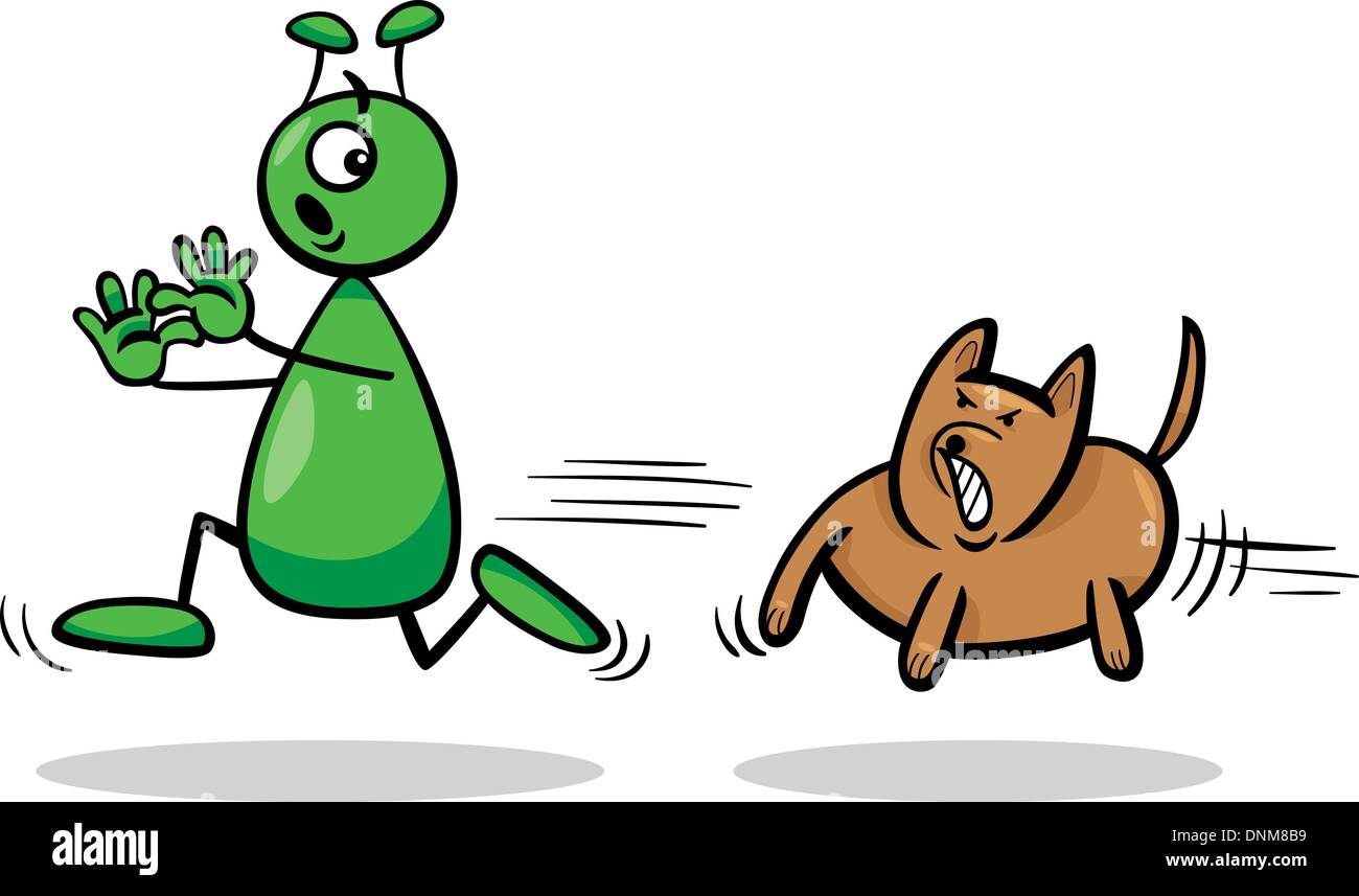 Illustrazione del fumetto di divertenti Alien o marziano carattere comico Scappando forma cane Illustrazione Vettoriale