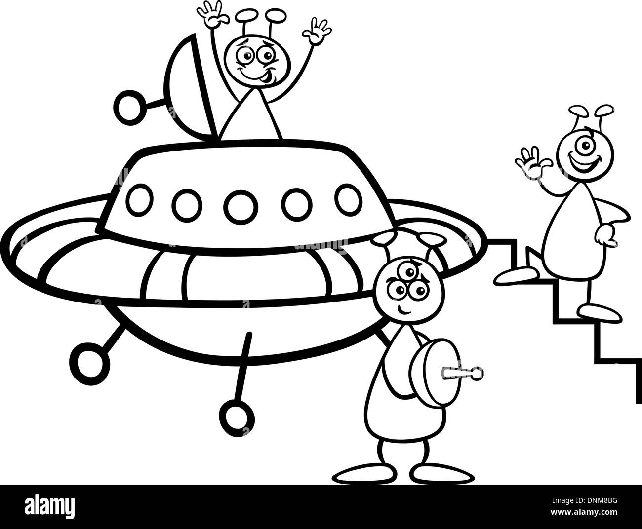 Bianco e Nero Cartoon illustrazione di tre simpatici stranieri o i marziani personaggi dei fumetti con Ufo o astronave per libro da colorare Illustrazione Vettoriale