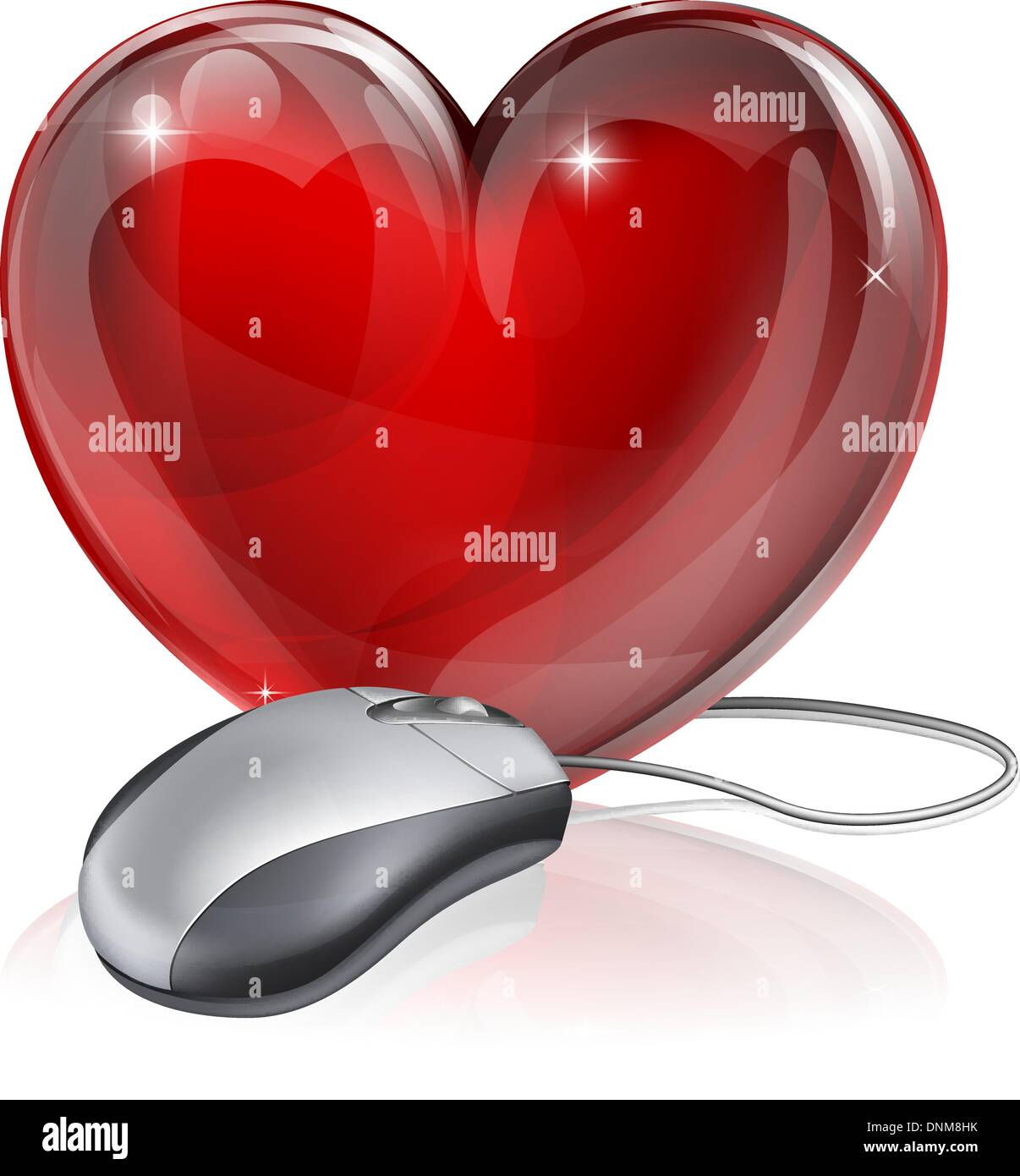 Illustrazione di un mouse per computer collegato ad un cuore rosso simbolo, il concetto di online dating, romanticismo o simile Illustrazione Vettoriale