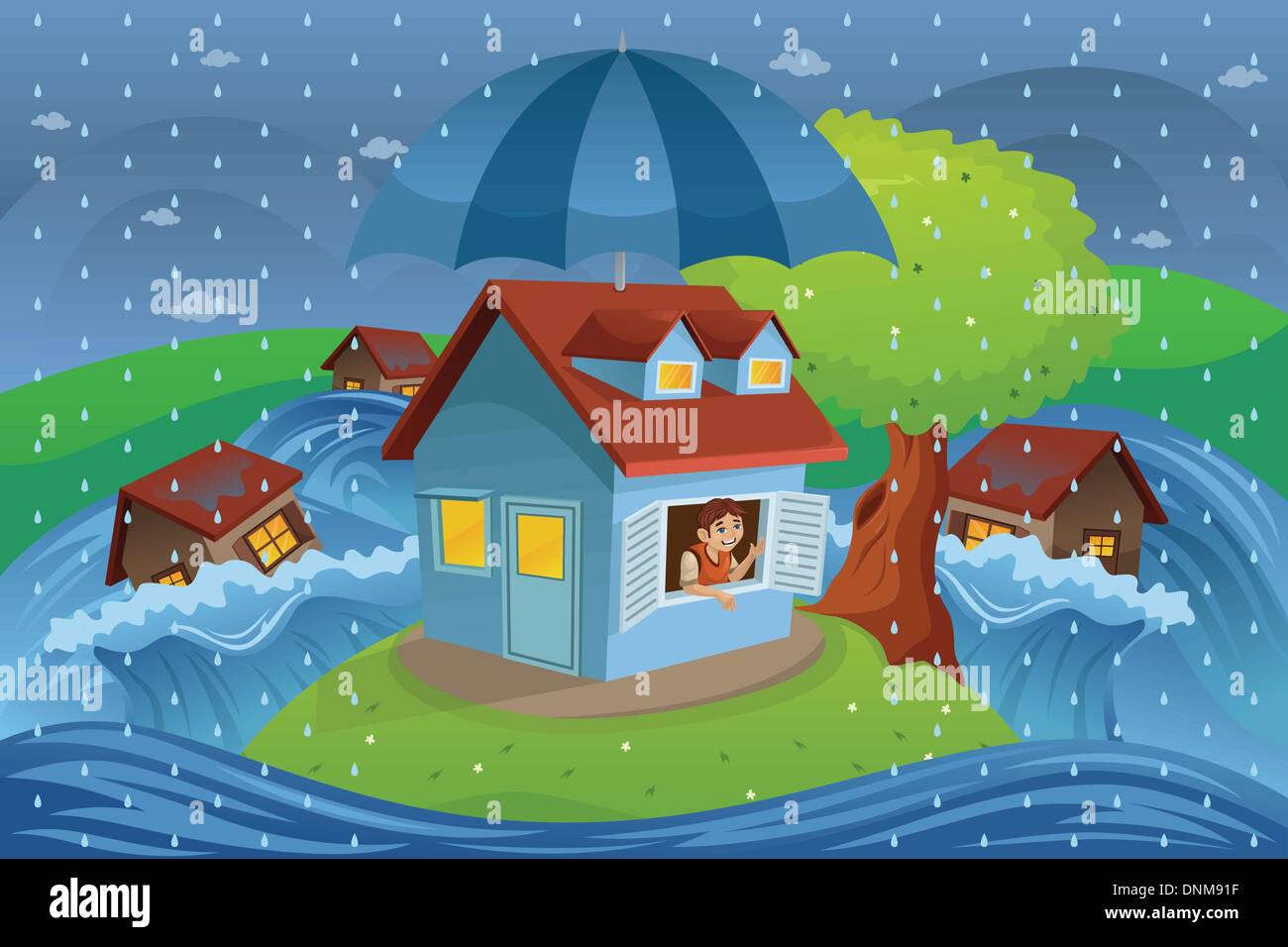 Una illustrazione vettoriale di casa in un diluvio per assicurazione casa concept Illustrazione Vettoriale