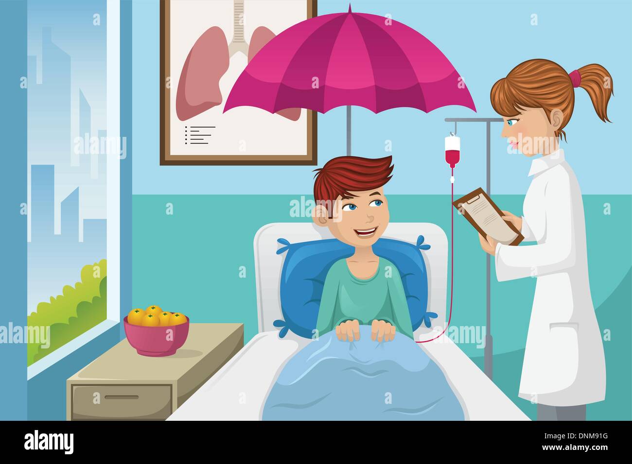 Una illustrazione vettoriale di un uomo in un ospedale per la salute il concetto di assicurazione Illustrazione Vettoriale