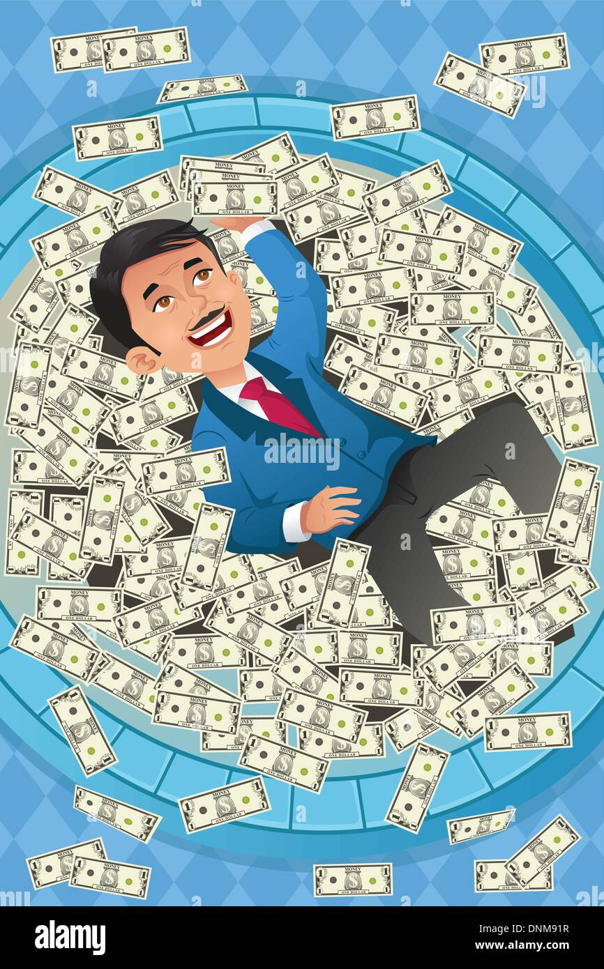 Una illustrazione vettoriale di un piano finanziario di un happy businessman di nuoto in una piscina di denaro Illustrazione Vettoriale