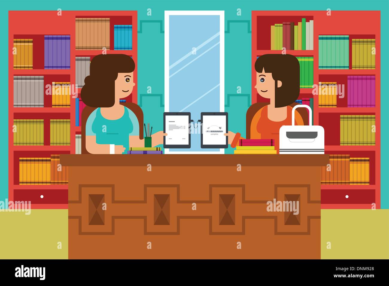 Una illustrazione vettoriale delle due studente di college il trasferimento dei dati con i tablet PC Illustrazione Vettoriale