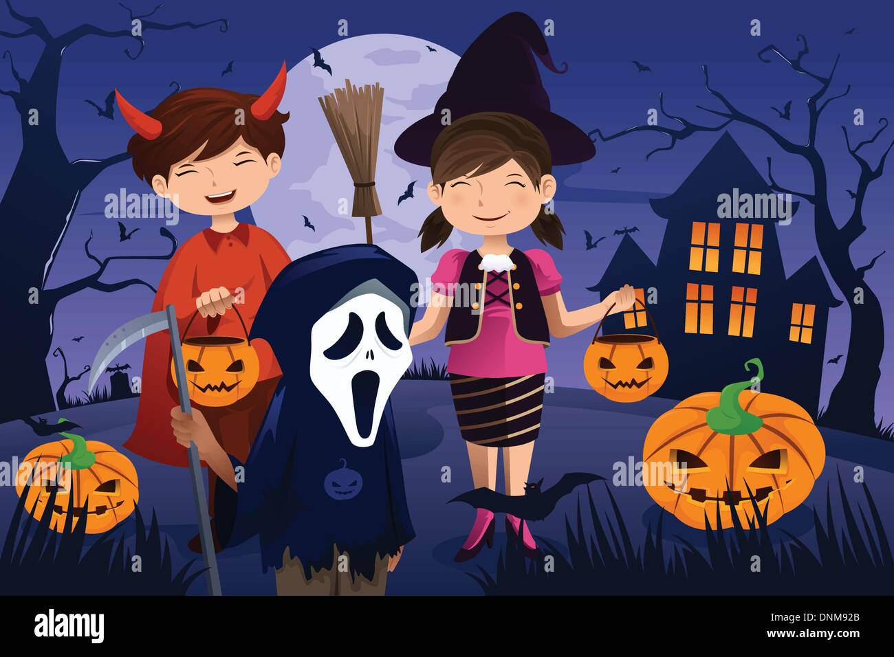 Una illustrazione vettoriale di bambini vestiti con costumi trucco o trattare durante il periodo di Halloween Illustrazione Vettoriale