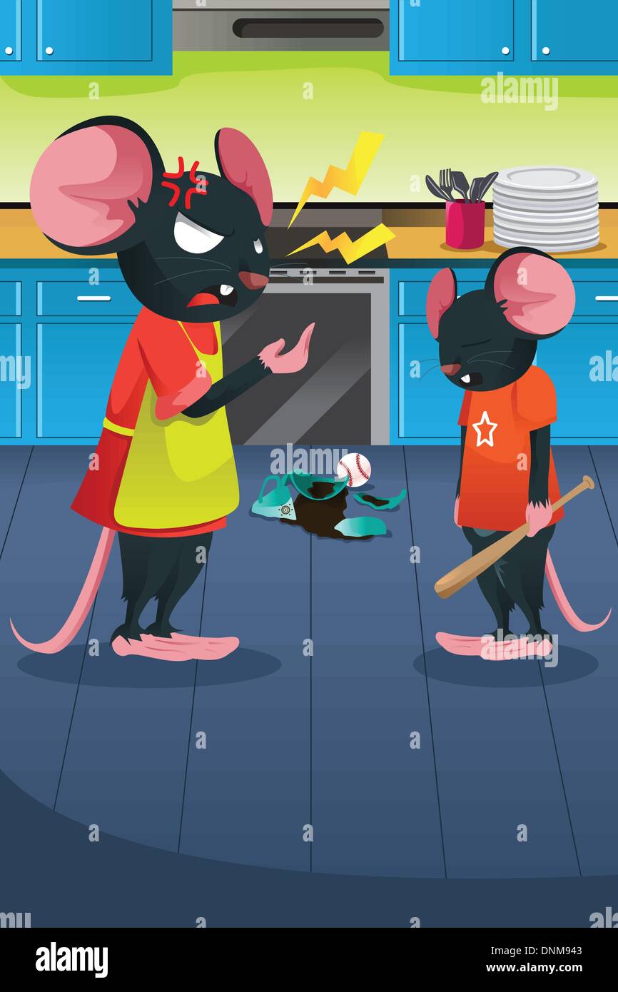 Una illustrazione vettoriale di angry mouse a urlare contro il suo bambino in cucina Illustrazione Vettoriale