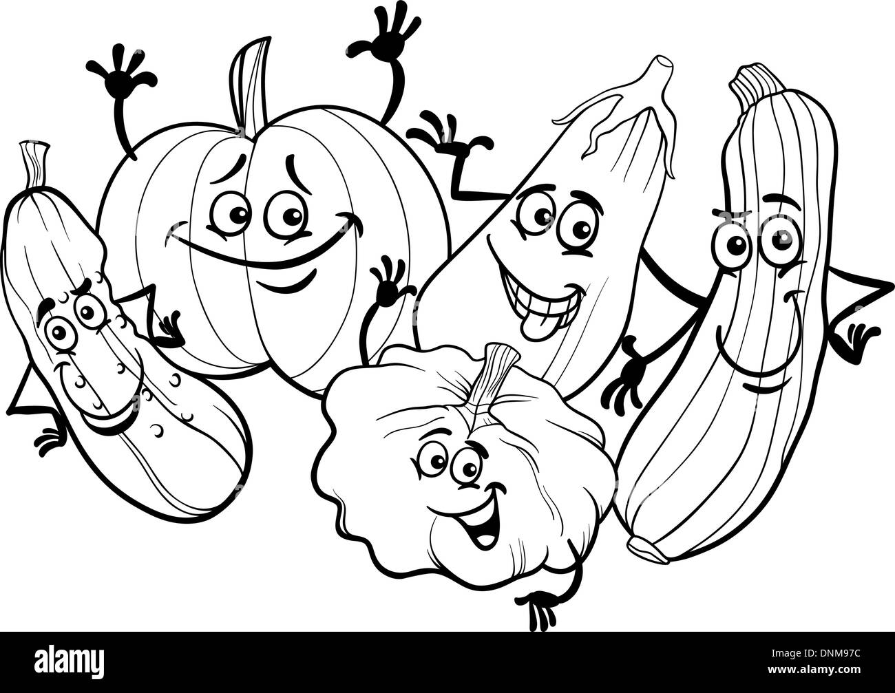 Bianco e Nero Cartoon illustrazione di divertenti Cucurbitacee verdure cibo gruppo di caratteri per il libro da colorare Illustrazione Vettoriale