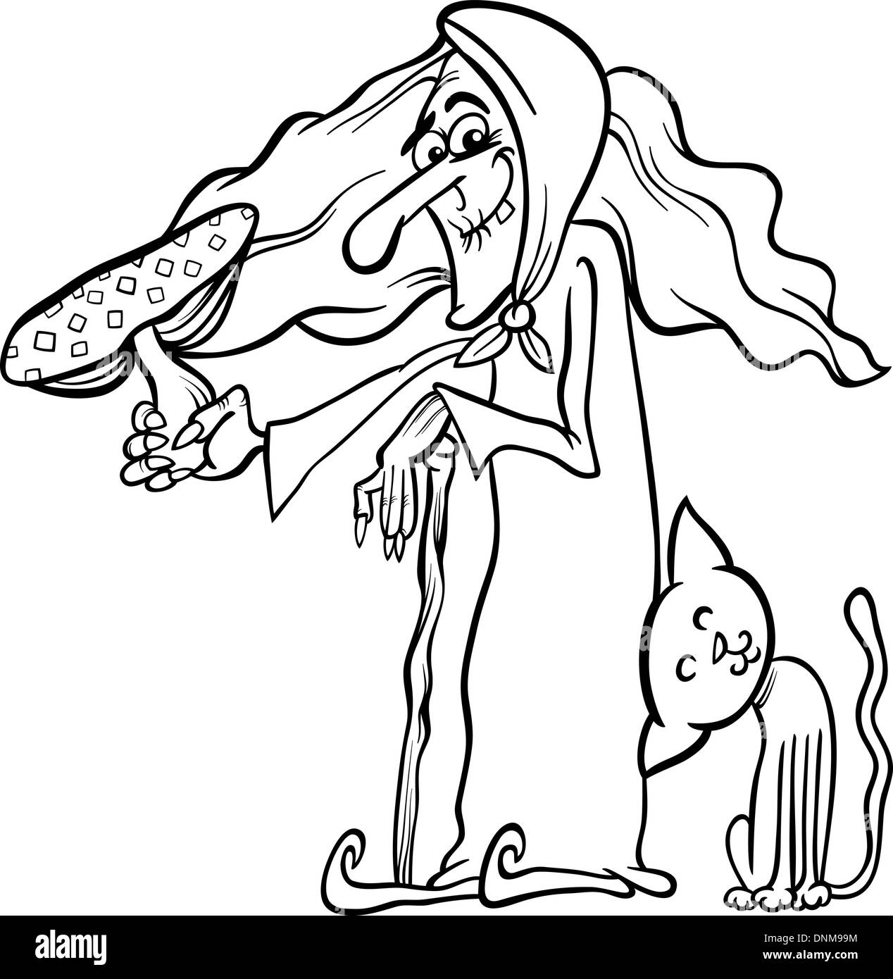 Bianco e Nero Cartoon illustrazione di divertenti Fantasy o di Halloween strega con gatto nero e velenosi fungo Toadstool per Col Illustrazione Vettoriale