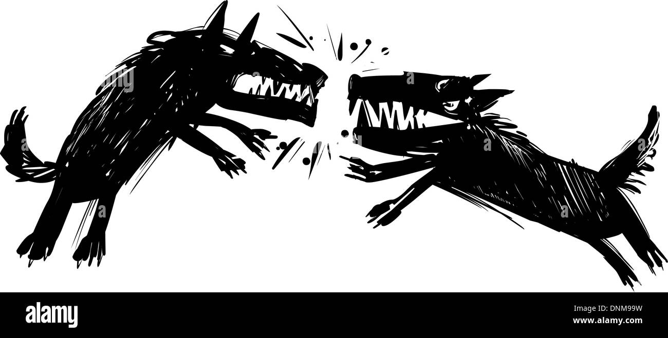 Illustrazione di due arrabbiato combattimenti Lupi che riporti i loro denti Illustrazione Vettoriale