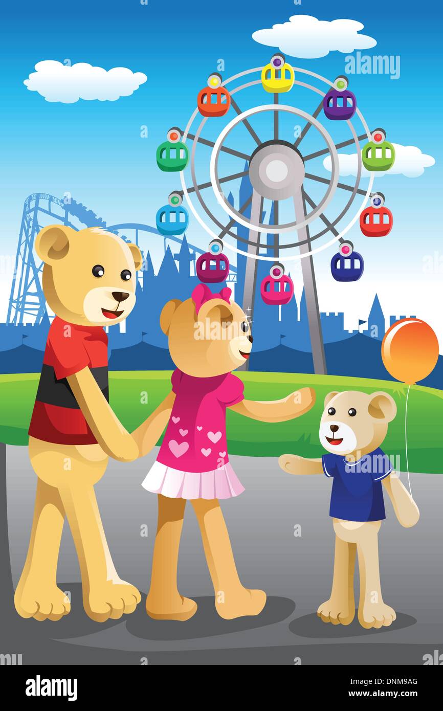 Una illustrazione vettoriale di bear famiglia divertirsi al parco di divertimenti Illustrazione Vettoriale