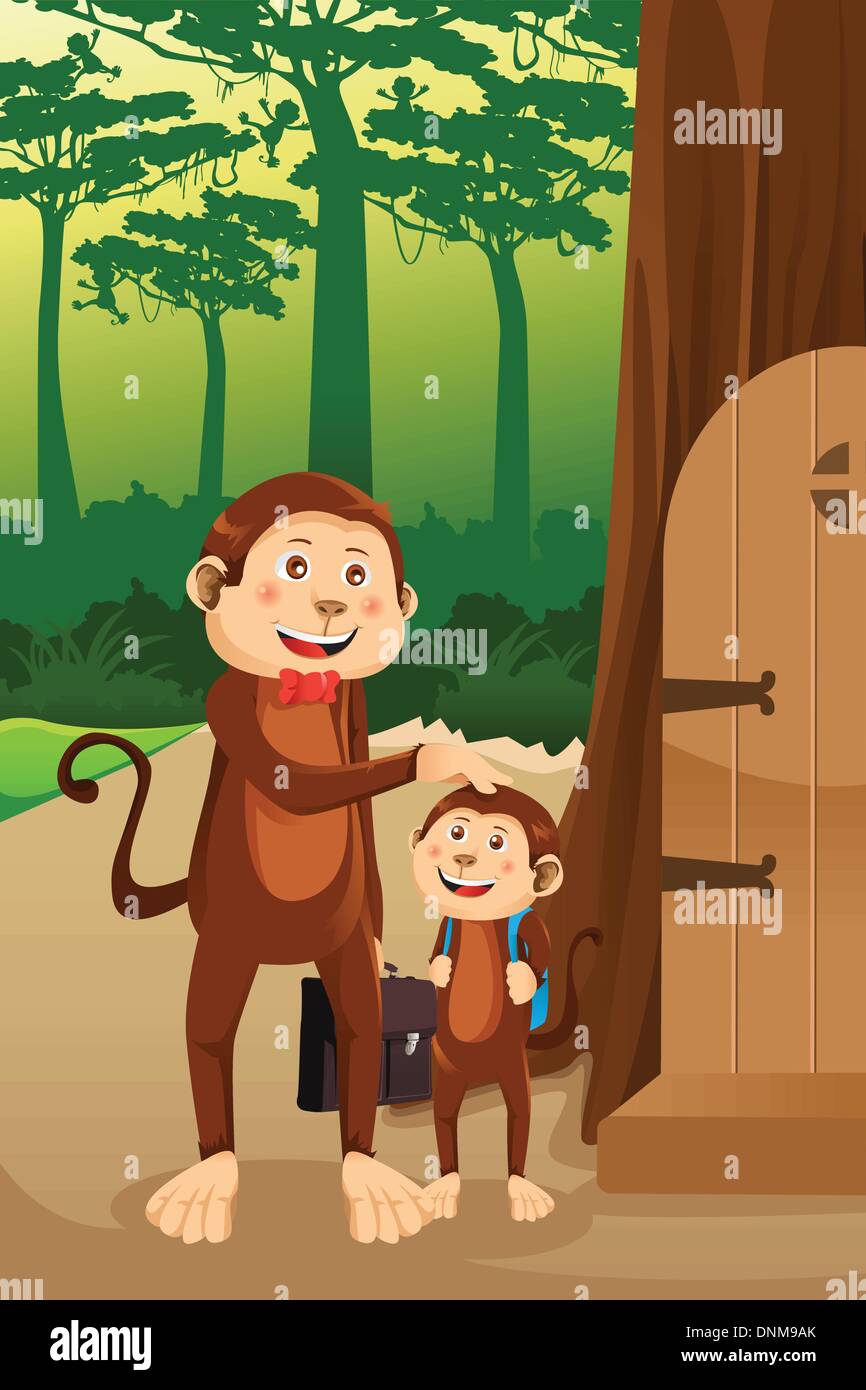 Una illustrazione vettoriale di una scimmia padre con il suo bambino Illustrazione Vettoriale