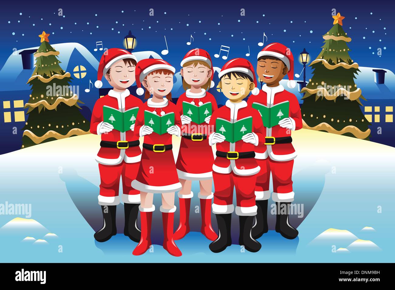 Una illustrazione vettoriale di contenti i bambini a cantare in coro di Natale Illustrazione Vettoriale