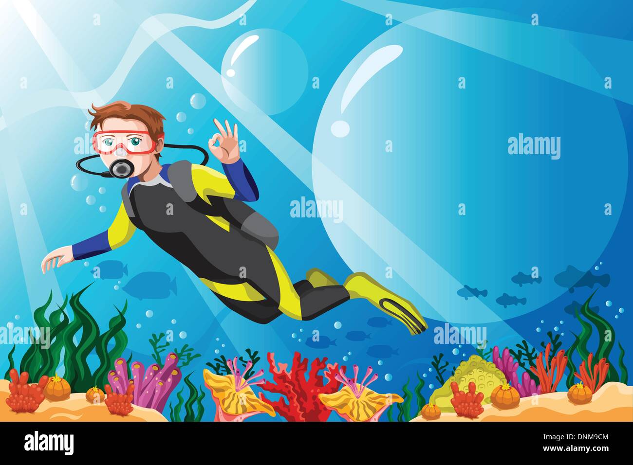 Una illustrazione vettoriale di un subacqueo in immersione l'oceano Illustrazione Vettoriale
