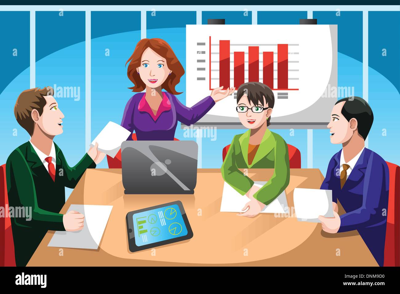 Una illustrazione vettoriale di business persone aventi una discussione nel corso di una riunione Illustrazione Vettoriale