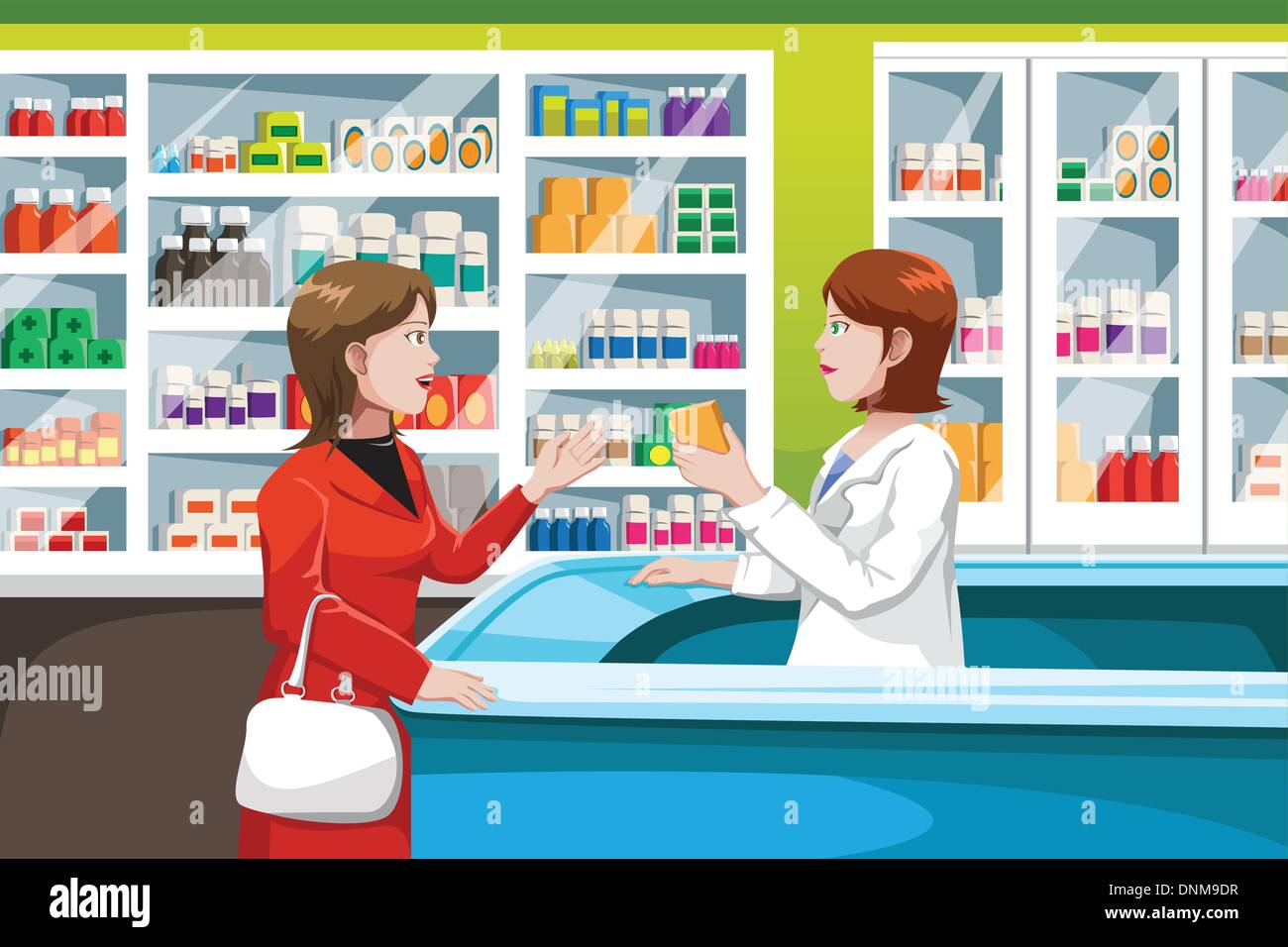 Una illustrazione vettoriale della donna l'acquisto di medicine in farmacia Illustrazione Vettoriale