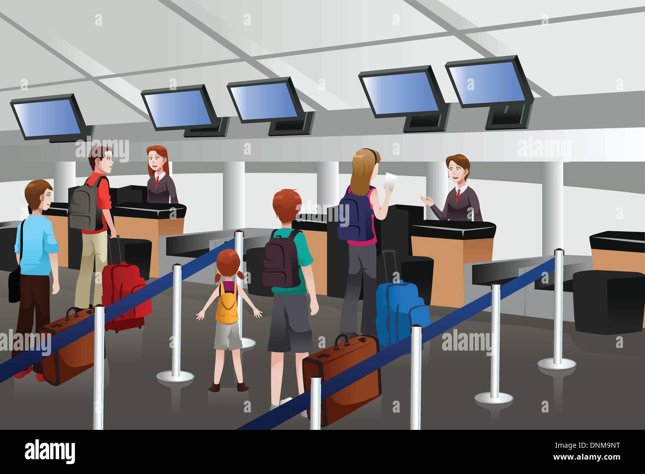 Una illustrazione vettoriale di passeggeri fodera fino al banco del check-in Illustrazione Vettoriale