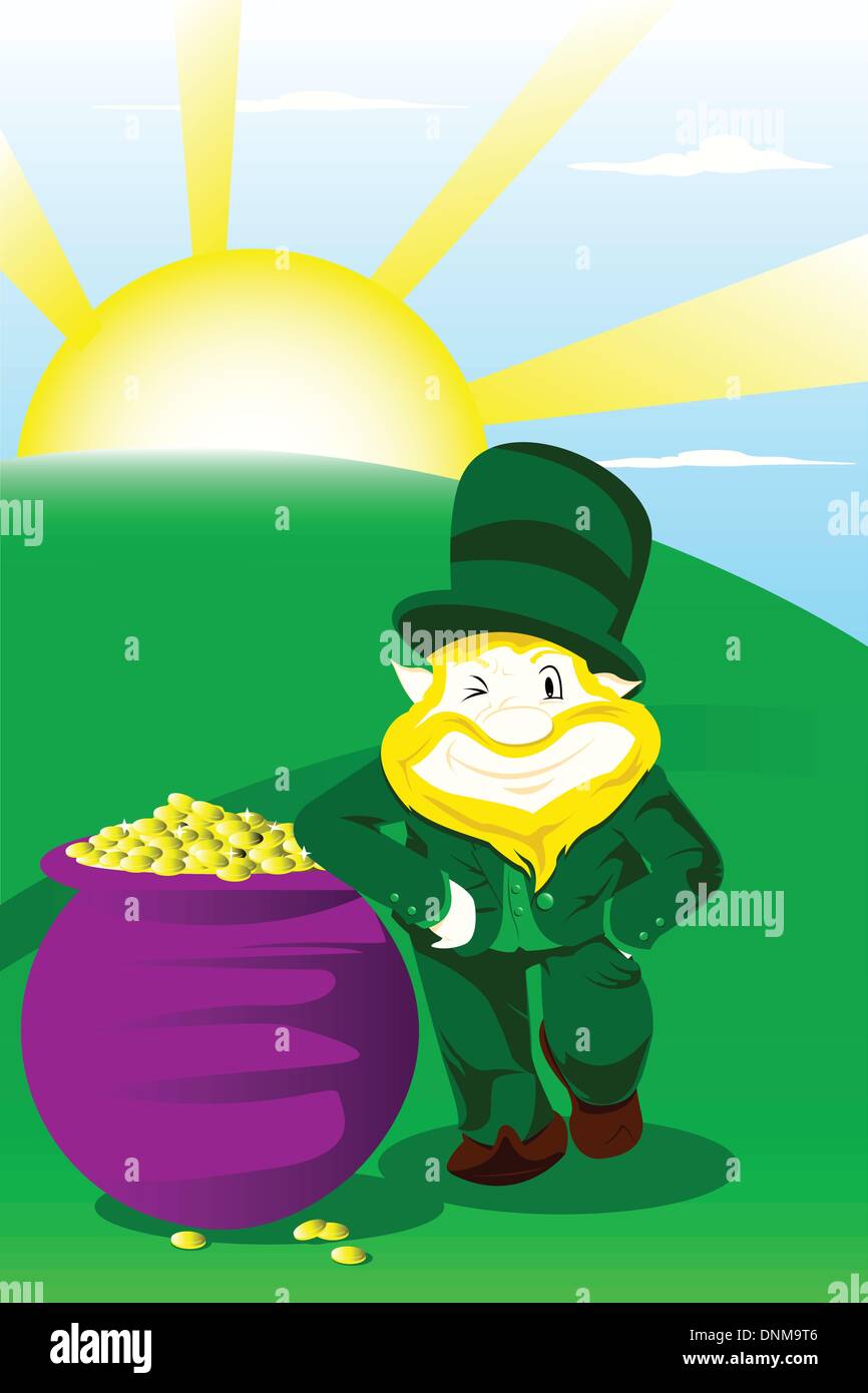 Una illustrazione vettoriale di un leprechaun con pentola d'oro festeggia San Patrizio giorno Illustrazione Vettoriale