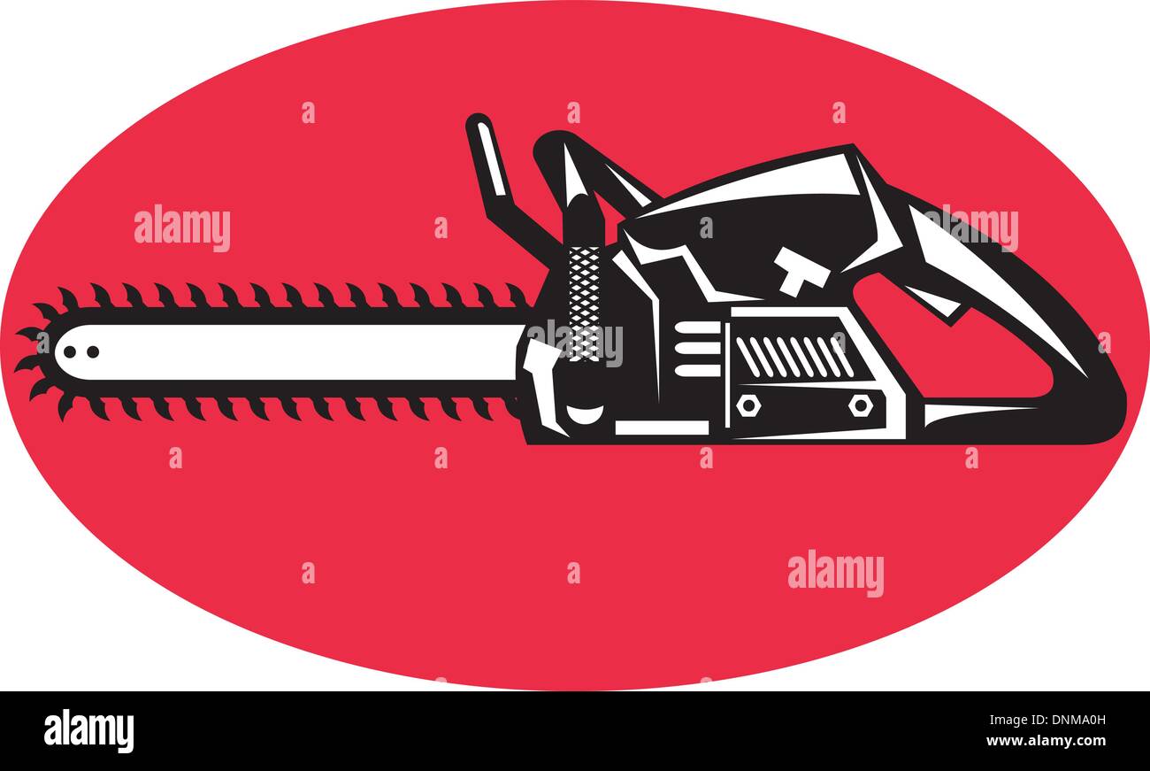 Illustrazione o icona di un chainsaw veduta laterale impostato all interno di uno ovale o ellisse Illustrazione Vettoriale