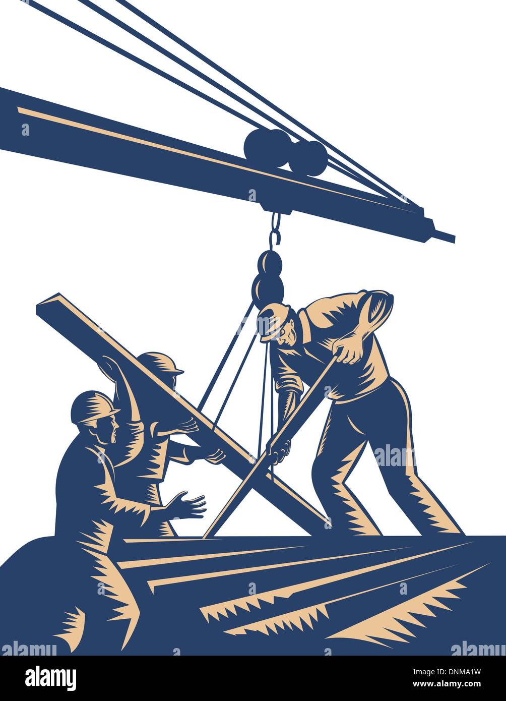Illustrazione di un gruppo di lavoratori edili legname di sollevamento sul braccio fatto in xilografia stile. Illustrazione Vettoriale