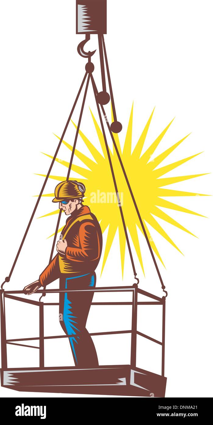Illustrazione di un lavoratore edile su piattaforma issata fatto rétro xilografia stile. Illustrazione Vettoriale