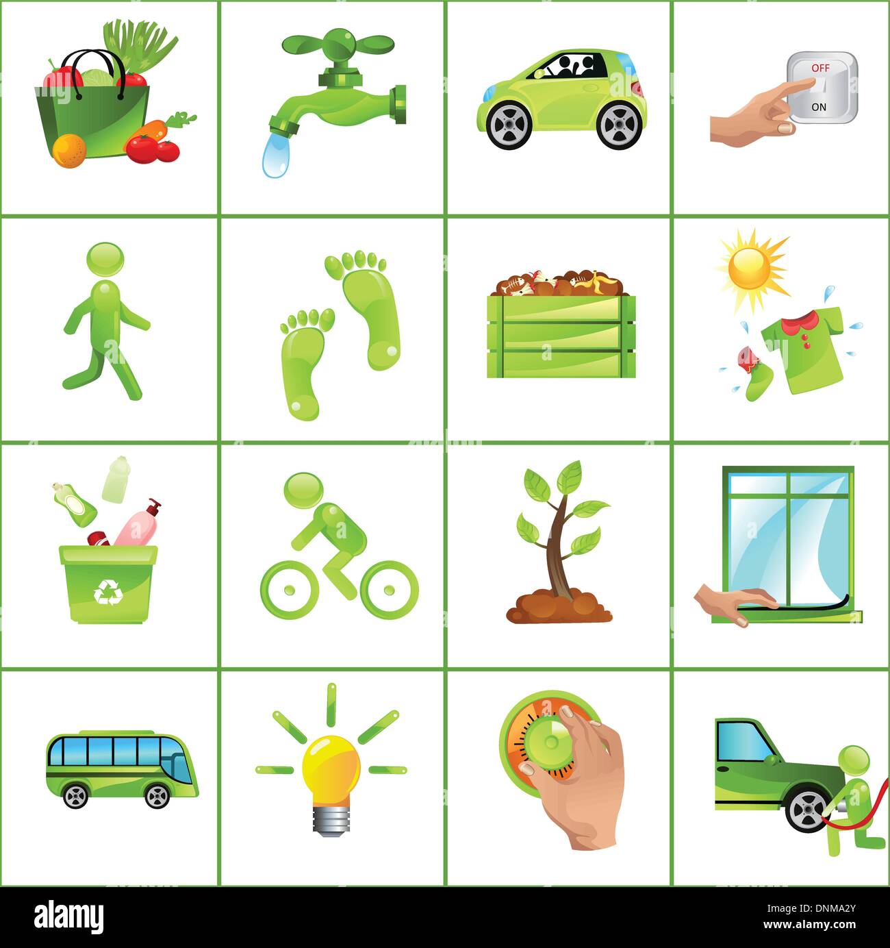 Illustrazione Vettoriale di go green concept: acquistare prodotti locali, fix leaky rubinetti, carpool, spegnere la luce, camminare, compost, secco Illustrazione Vettoriale