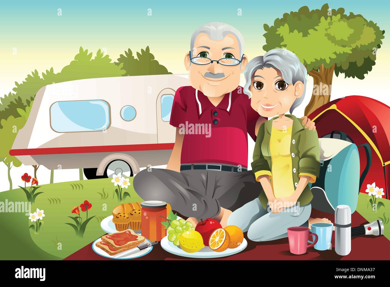 Una illustrazione vettoriale di coppia senior di campeggio e avente un picnic Illustrazione Vettoriale